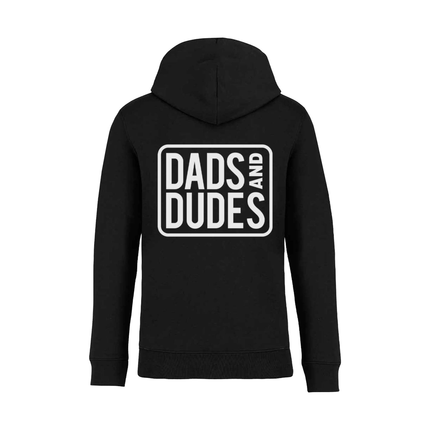 Back view of Dads And Dudes Black Hoodie on white background.