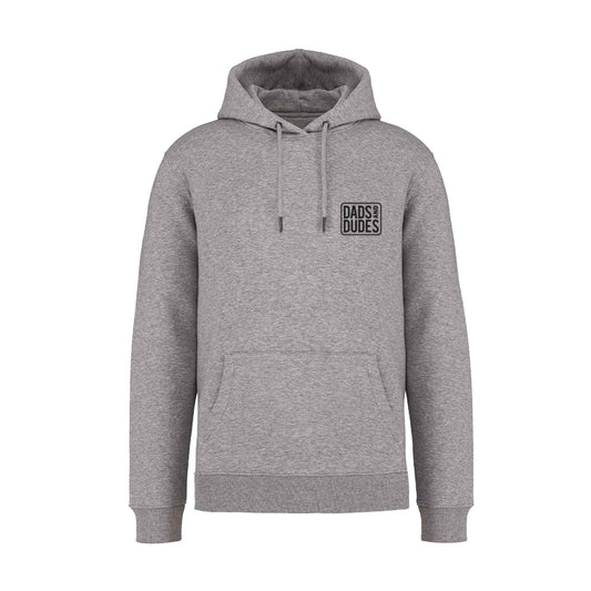 Front view of Dads And Dudes Grey Hoodie on white background.