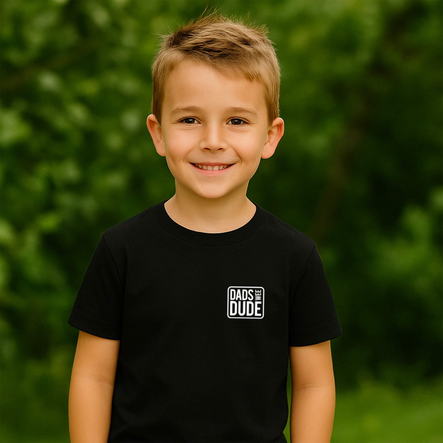 Front view of young boy wearing Black Dads Wee Dude T-Shirt