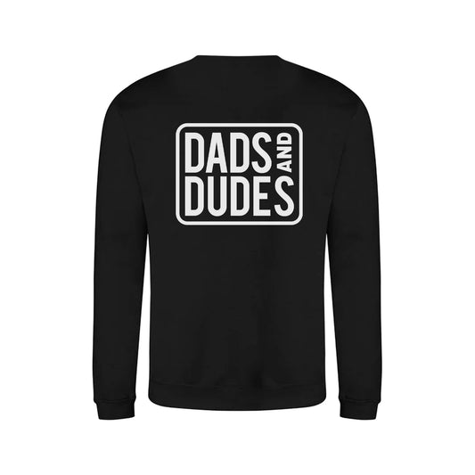 Back view of Black Dads And Dudes Sweatshirt on white background.