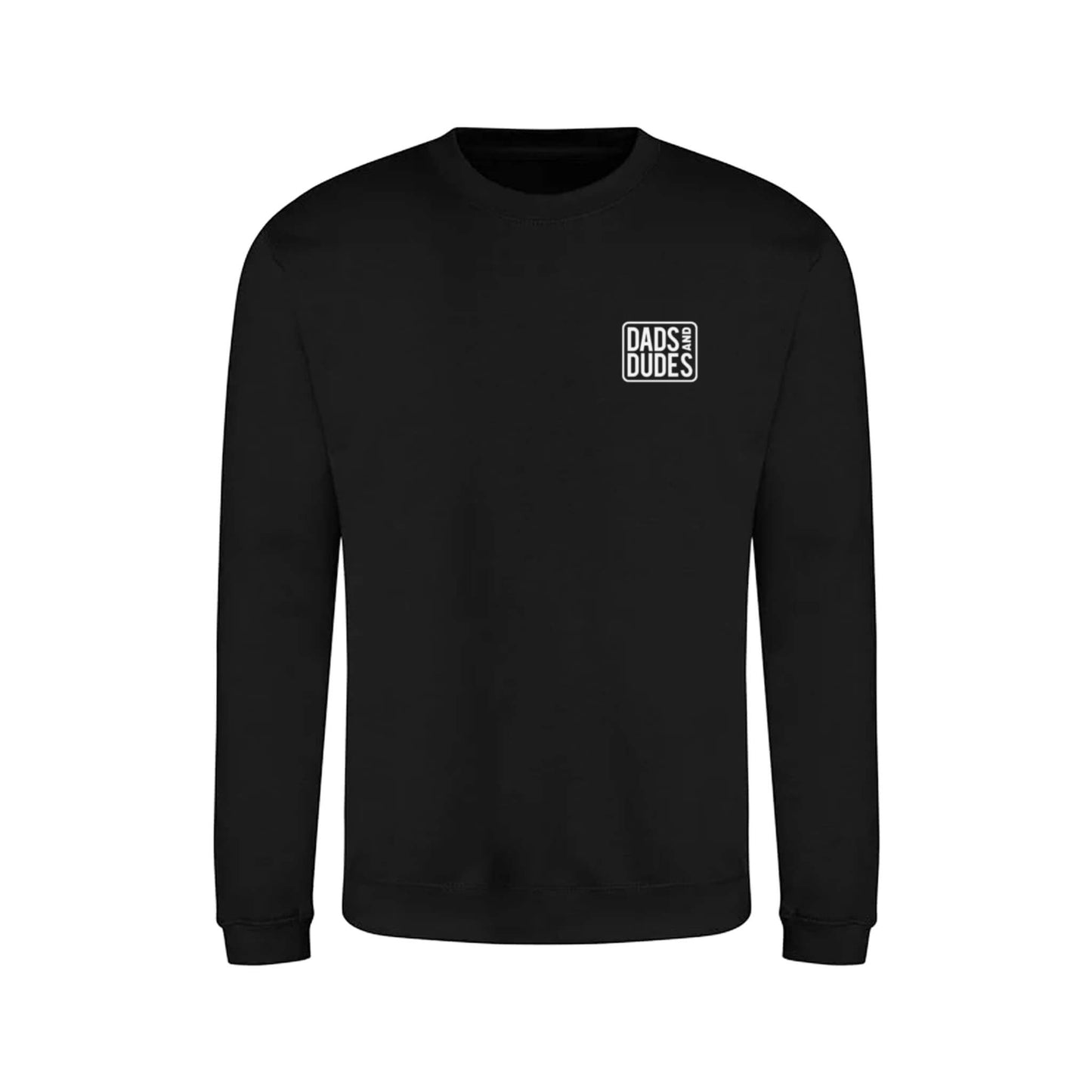 Front view of Black Dads And Dudes Sweatshirt on white background.
