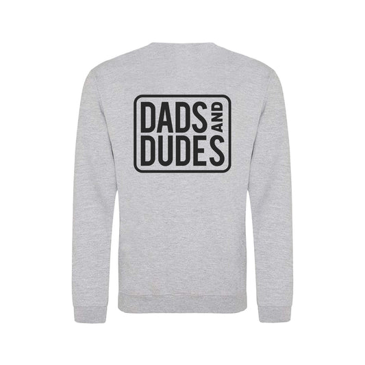 Back view of Grey Dads And Dudes Sweatshirt on white background.