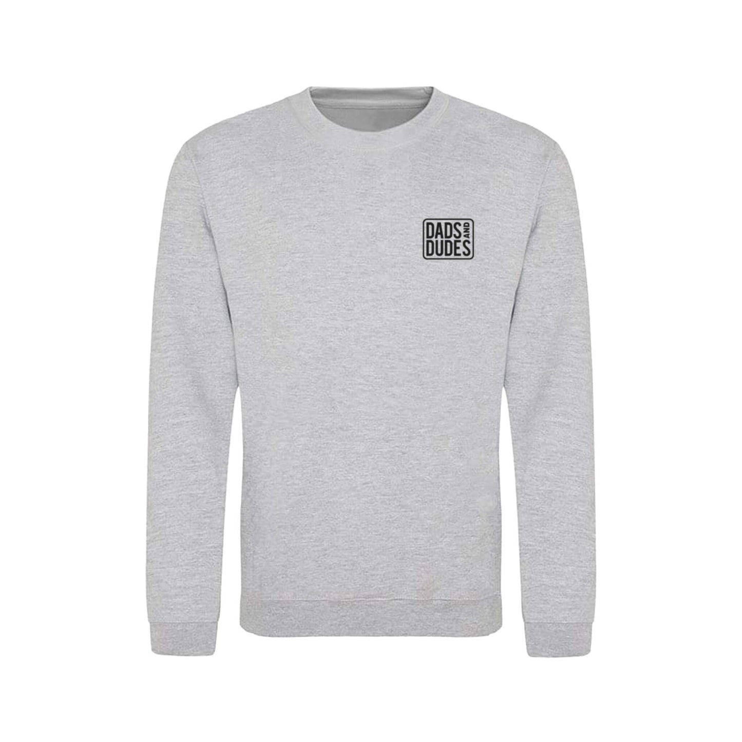 Front view of Grey Dads And Dudes Sweatshirt on white background.