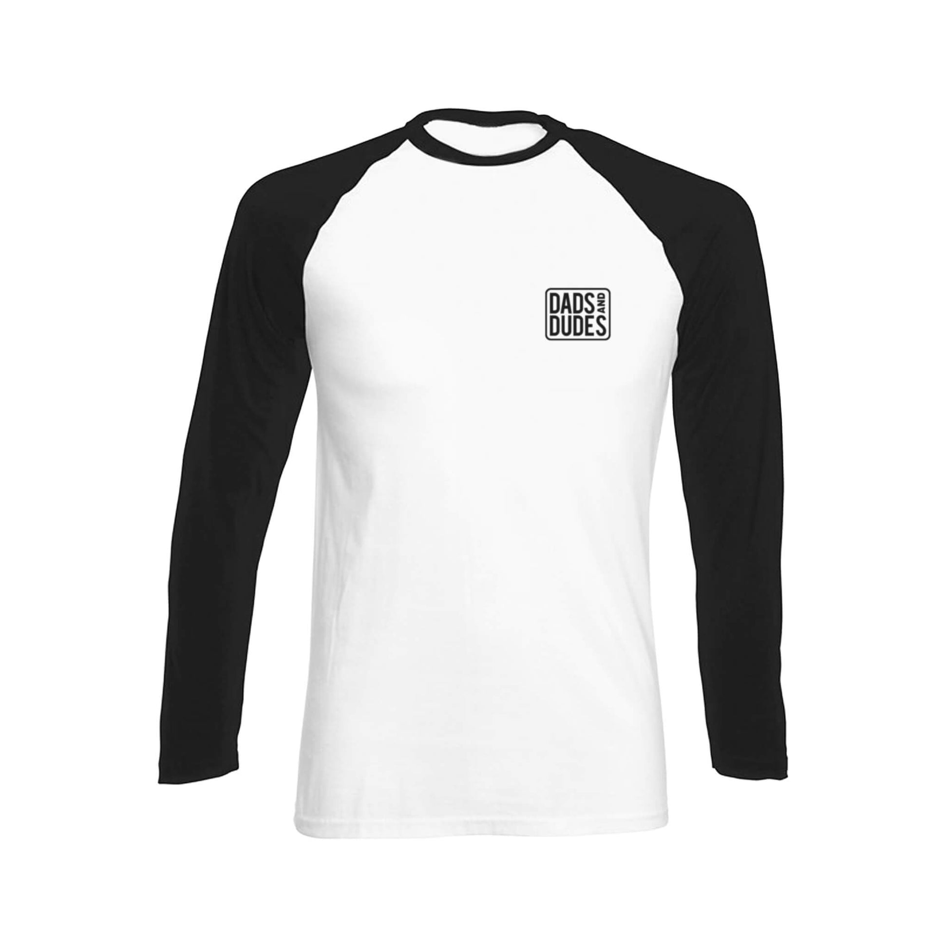 Front view of Long Sleeved Dads And Dudes Baseball Shirt on white background.