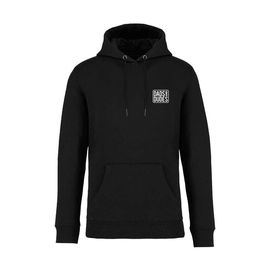 Front view of Dads And Dudes Black Hoodie on white background.