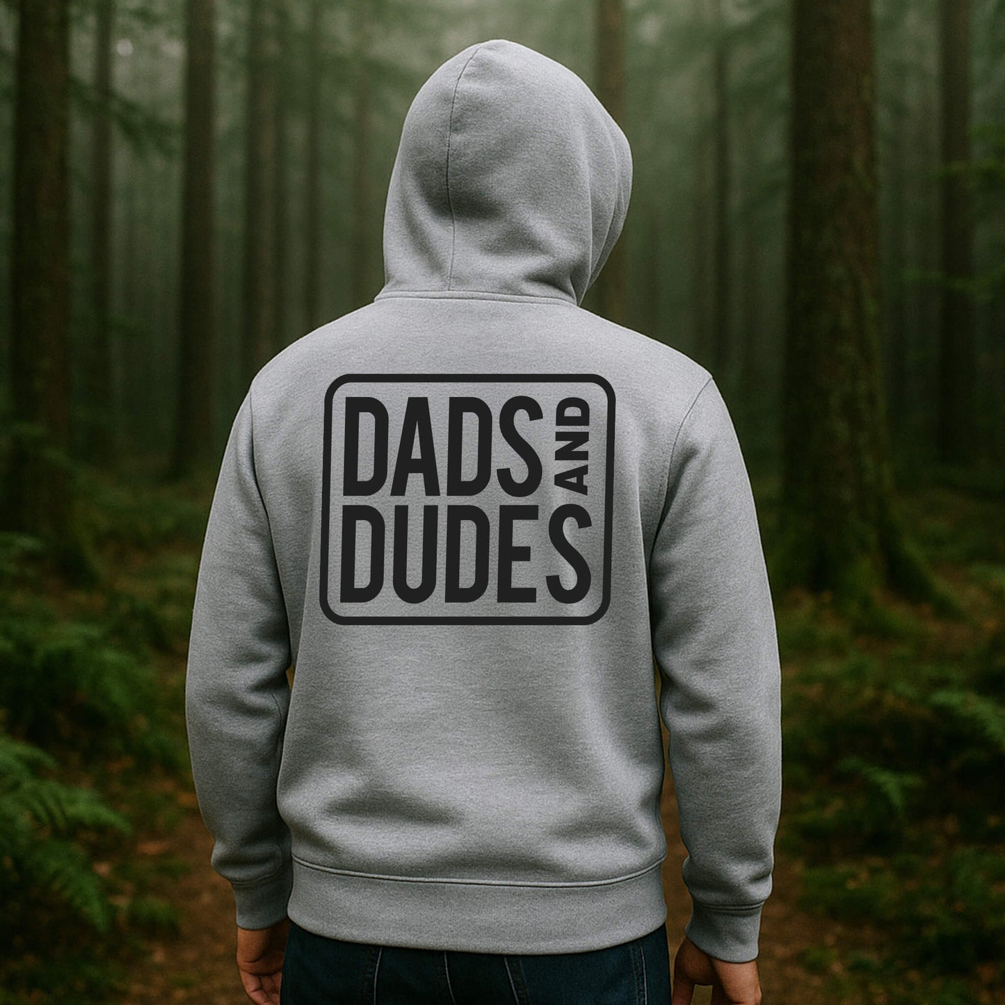 Back view of man wearing a Dads and Dudes Grey Hoodie showing the logo back print.