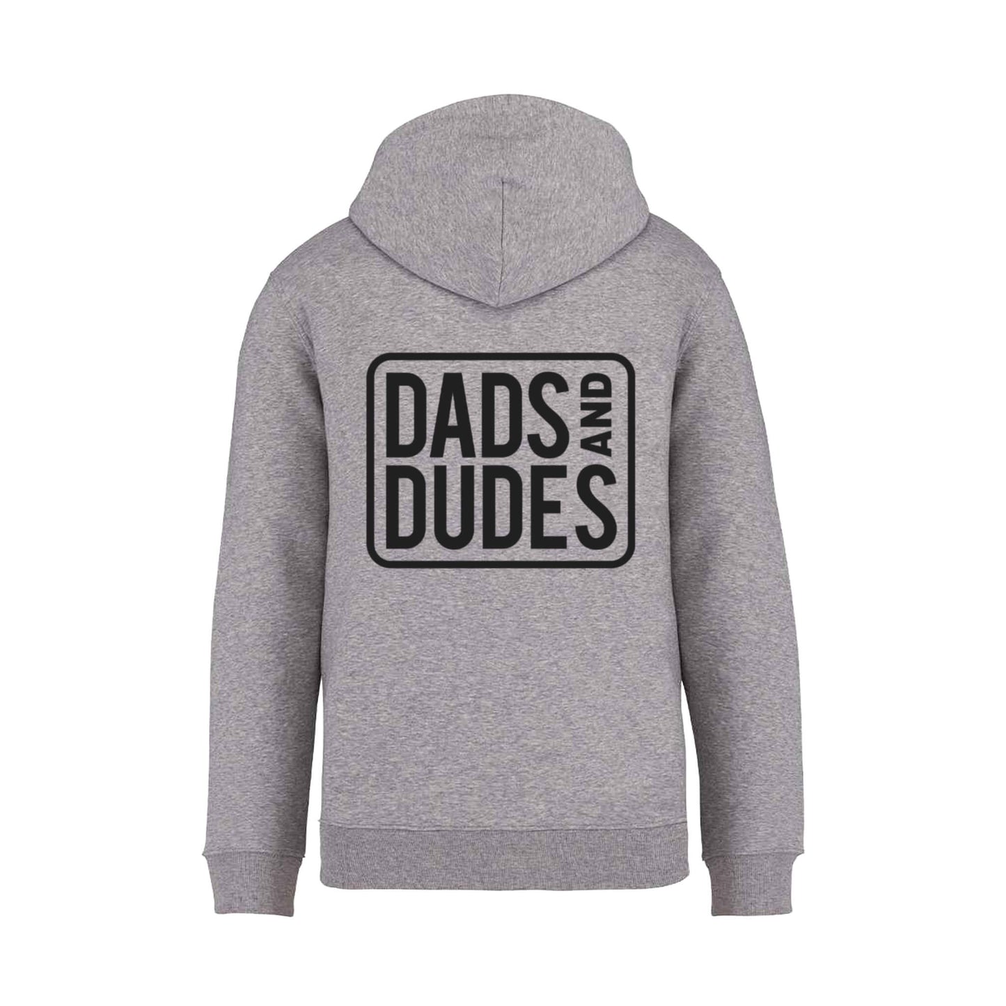 Back view of Dads And Dudes Grey Hoodie on white background.