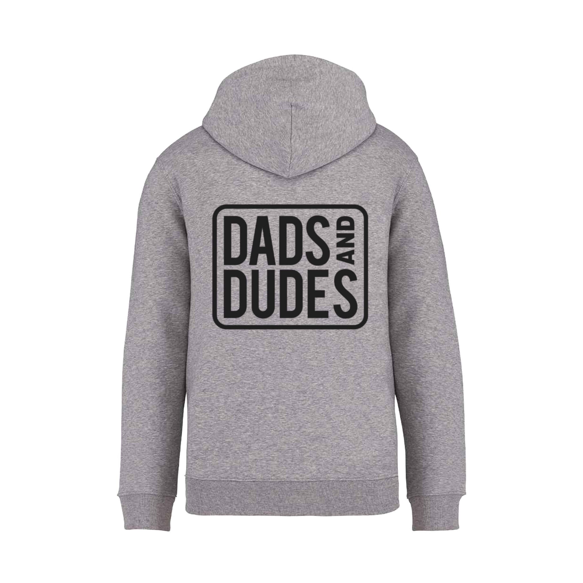 Back view of Dads And Dudes Grey Hoodie on white background.