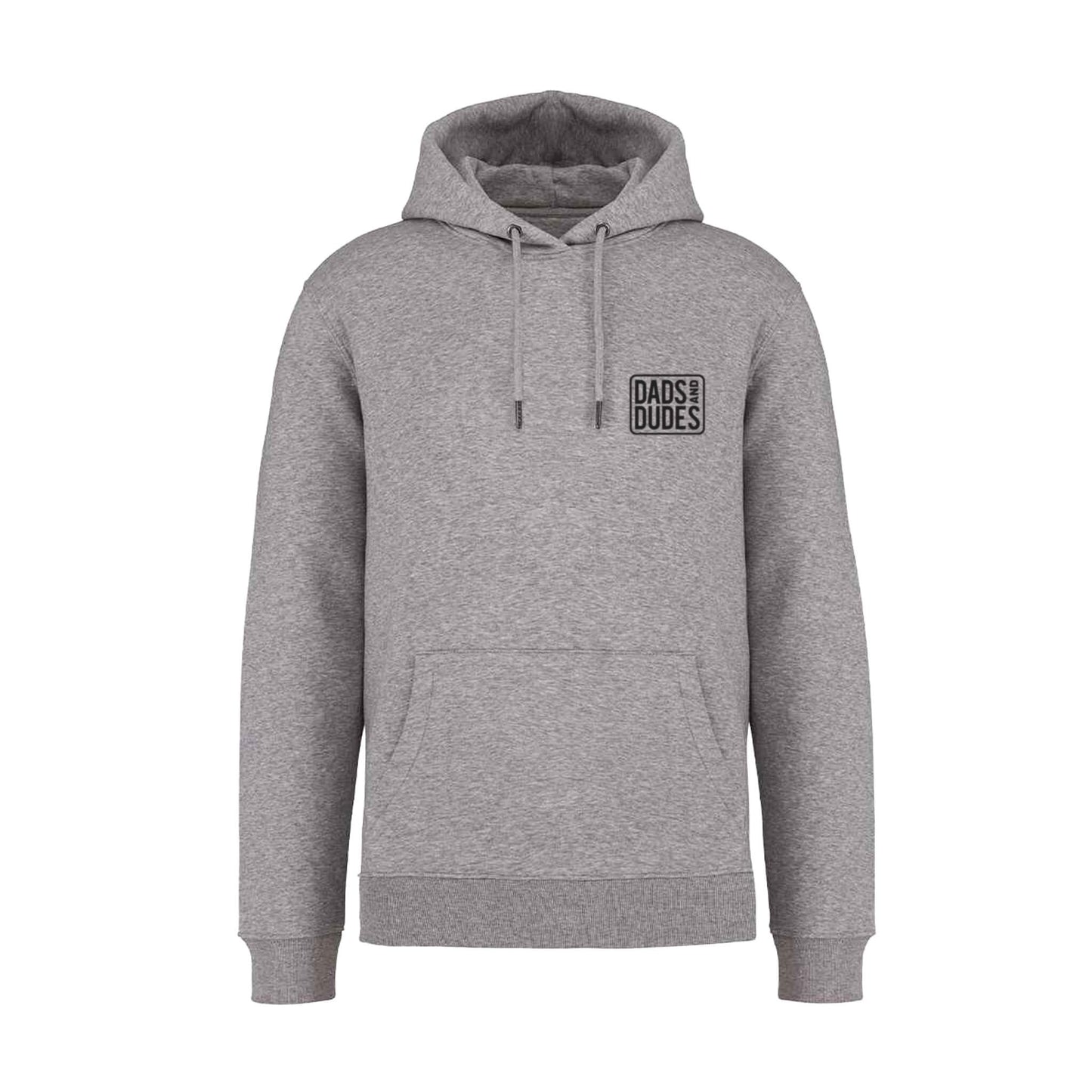 Front view of Dads And Dudes Grey Hoodie on white background.