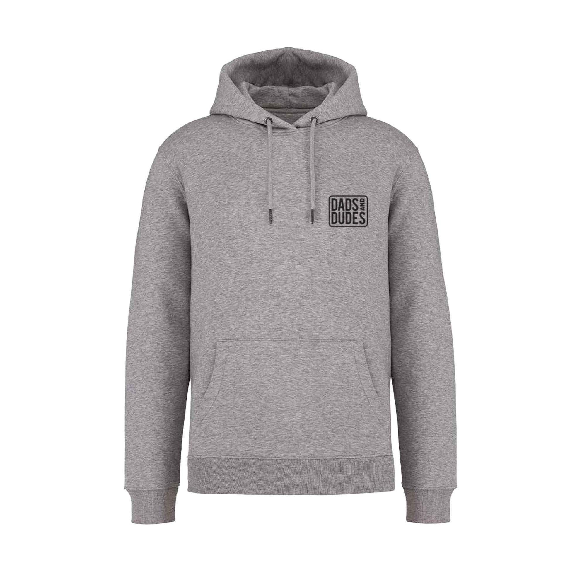 Front view of Dads And Dudes Grey Hoodie on white background.