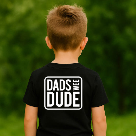 Back view of young boy wearing Black Dads Wee Dude T-Shirt