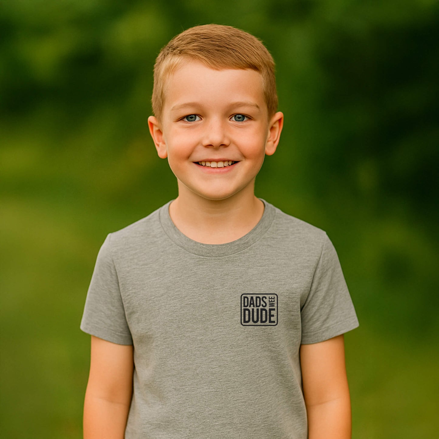 Front view of young boy wearing grey Dads Wee Dude T-Shirt