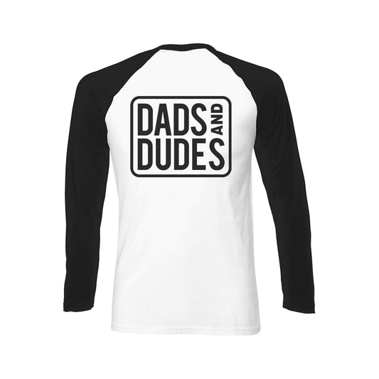 Back view of Long Sleeved Dads And Dudes Baseball Shirt on white background.